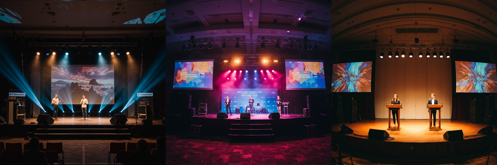 Corporate event stages set up with AV lighting, projection screens and speakers at podiums